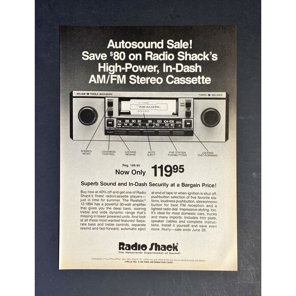 Radio Shack "High Power, In Dash AM/FM Car Stereo Cassette"Vintage Print Ad 1983 - Picture 3 of 3